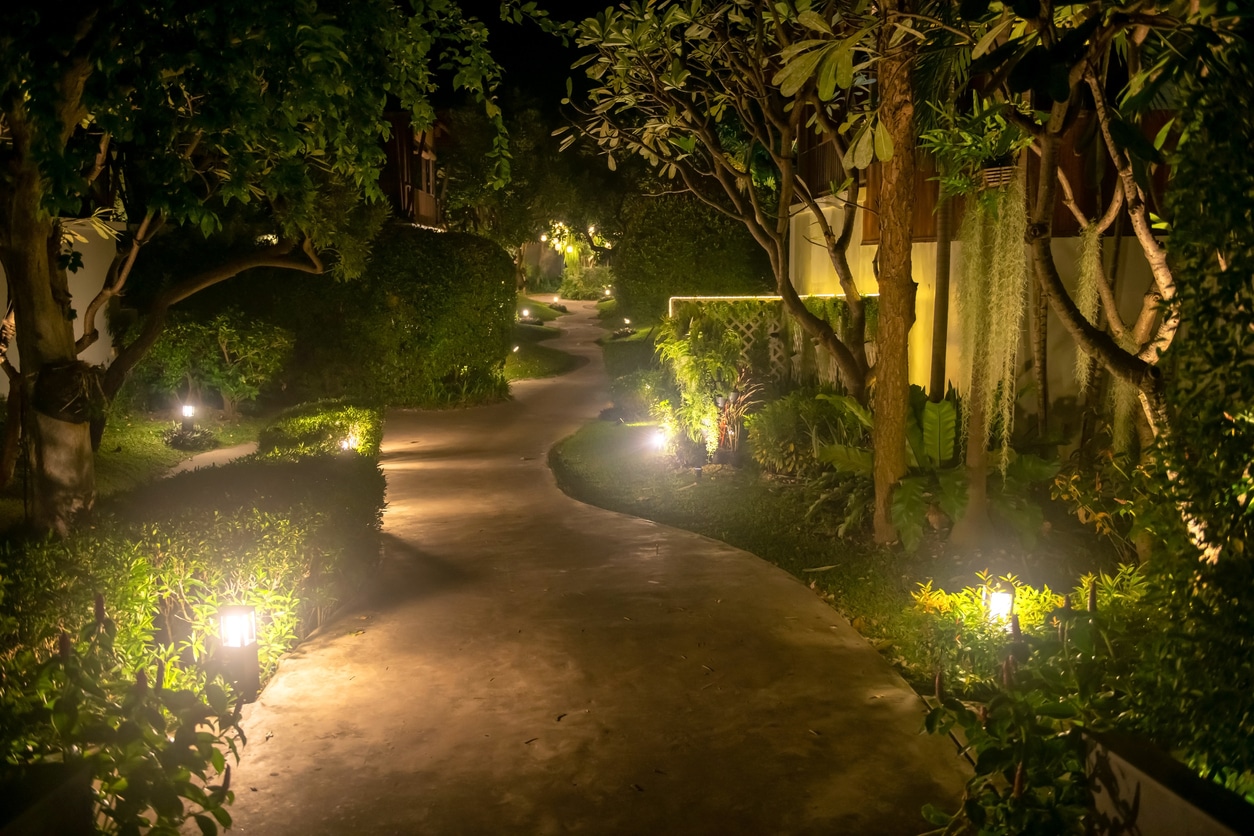office park pathway with outdoor lighting