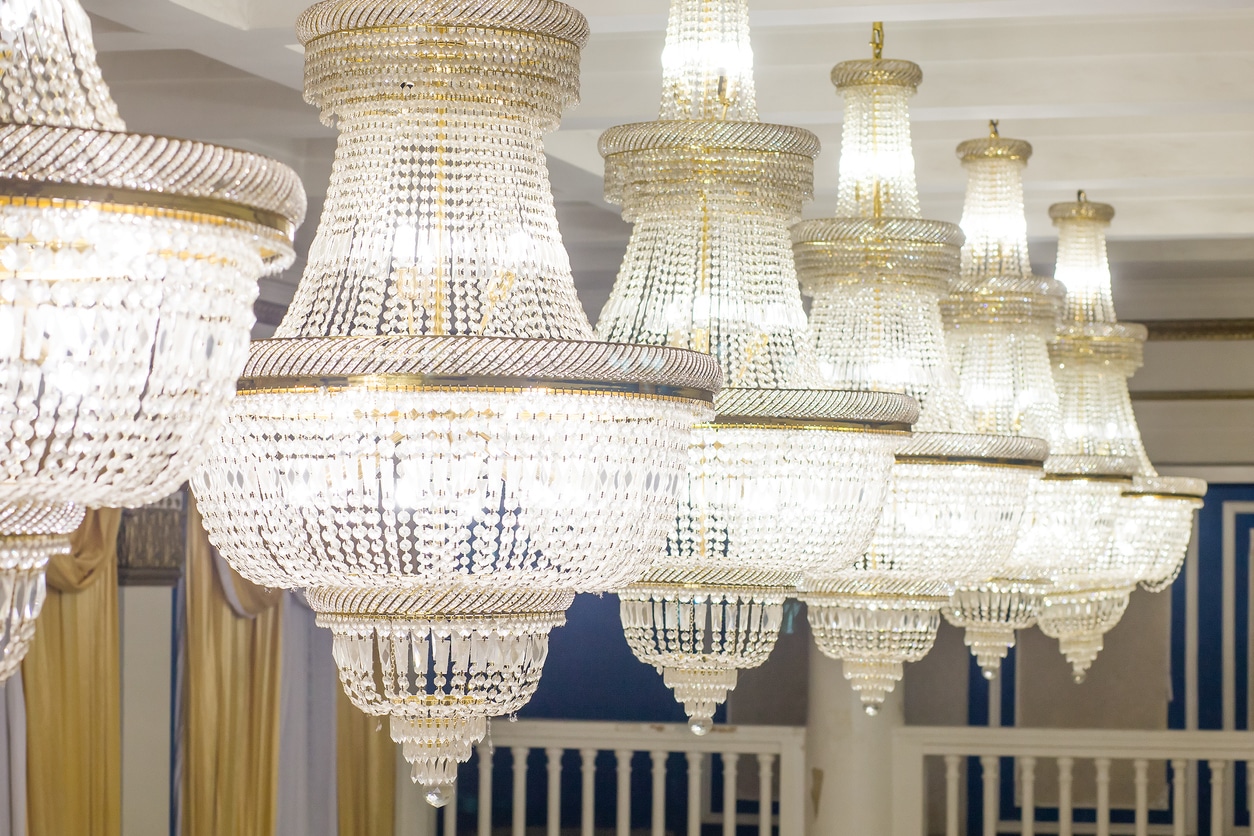 multiple chandeliers in an event space